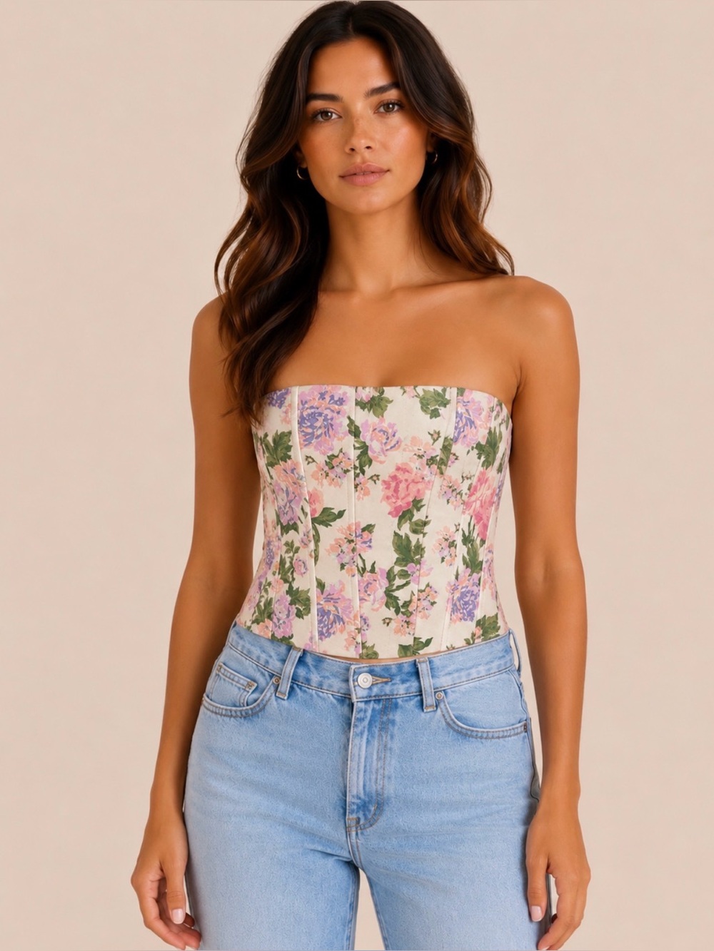 Zara Floral Corset Top Hook-Front Boned Bustier Cream Pink Purple Size Medium